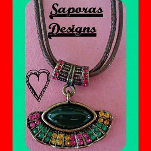 Antique Bronze In Color Necklace With Colorful Rhinestones & Brown Leather Chain